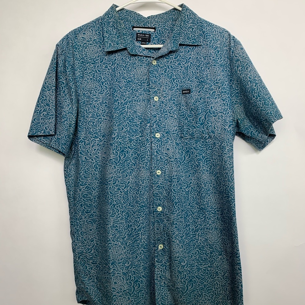 RVCA Dark Teal Blue Abstract Design Button Shirt